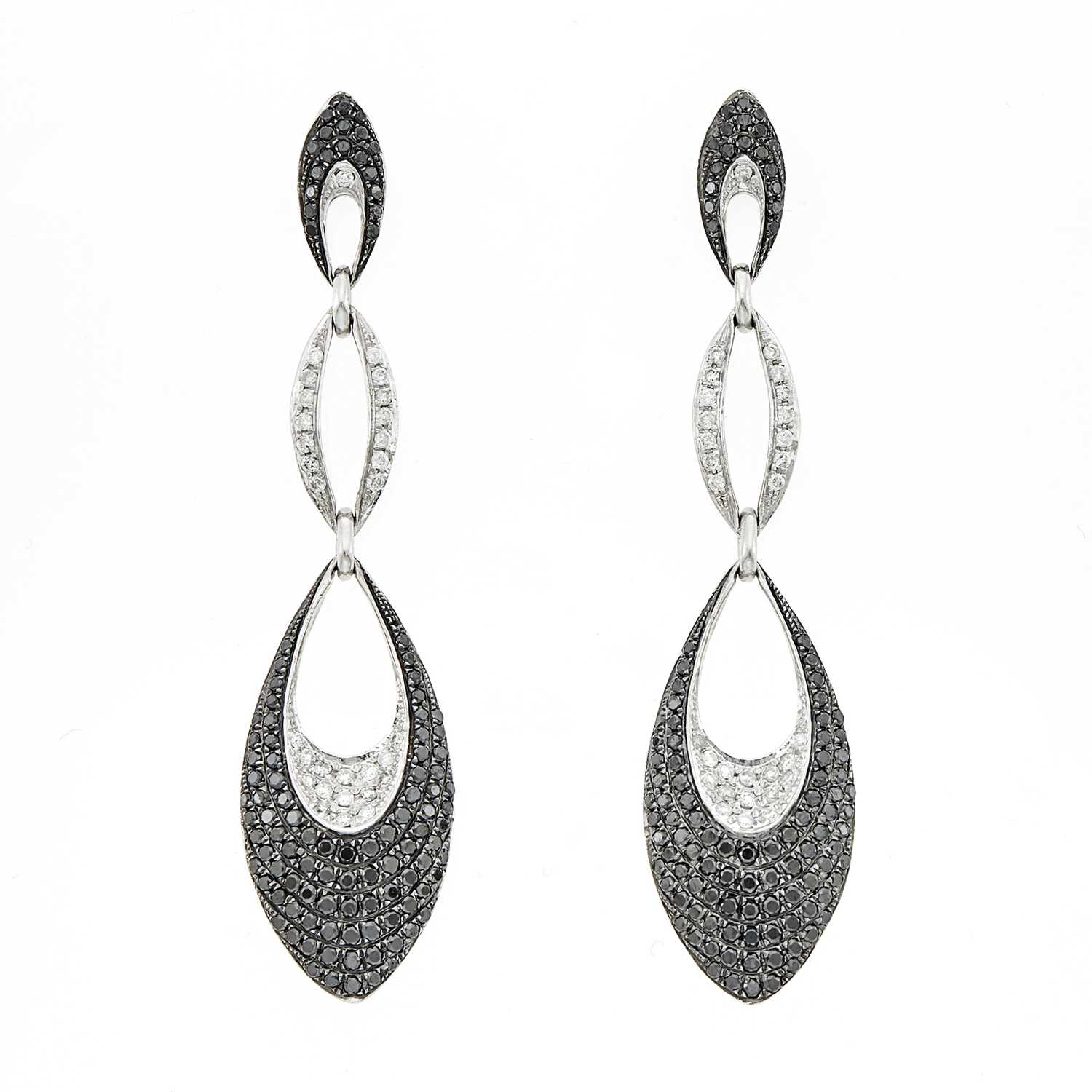 Lot 1181 - Pair of Two-Color Gold, Diamond and Black Diamond Pendant-Earrings
