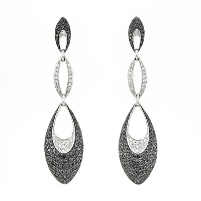 Lot 1181 - Pair of Two-Color Gold, Diamond and Black Diamond Pendant-Earrings