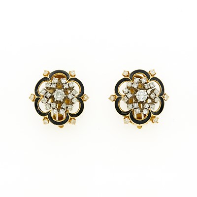 Lot 1141 - Pair of Two-Color Gold, Diamond and Enamel Earclips
