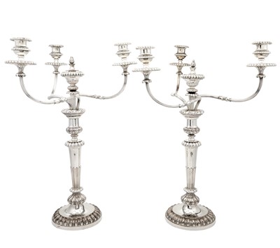 Lot 177 - Pair of Sheffield Plate Four-Light Candelabra