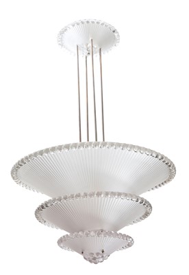 Lot 153 - R. Lalique Molded Glass and Chromed Metal "Perles Trois Etages" (Pearls Three-Tier) Chandelier
