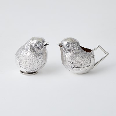 Lot 160 - Edeward VII Novelty Sterling Silver Chick-Form Cream and Sugar Set