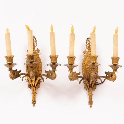 Lot 256 - Pair of Empire Style Gilt-Bronze Three-Light  Wall Lights