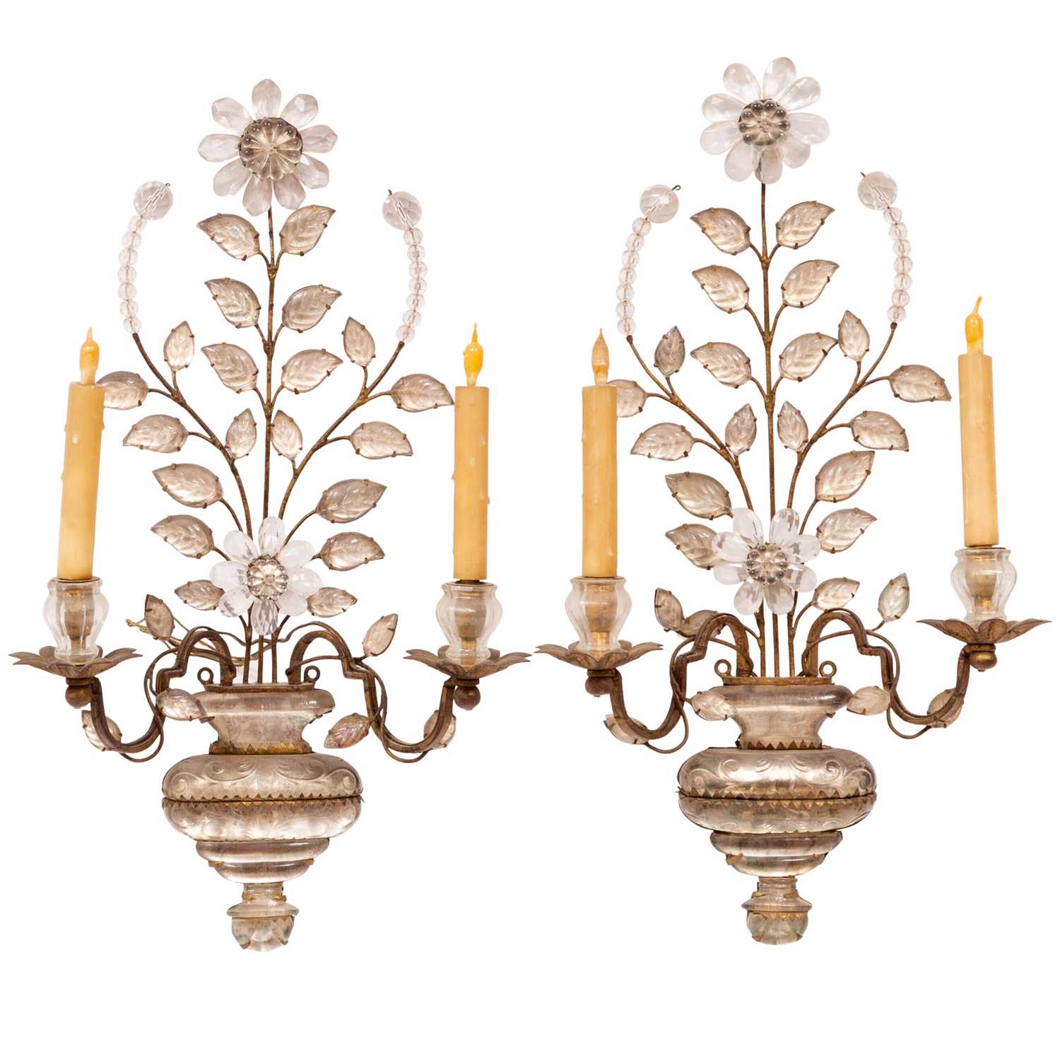 Lot 748 - Pair of Maison Baguès Style Cut-Glass and Gilt- Metal Two-Light Sconces