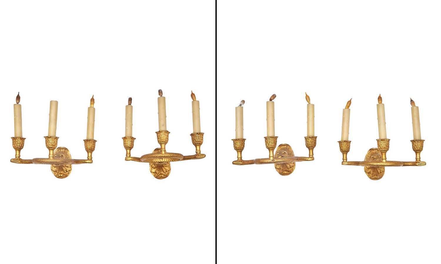Lot 280 - Set of Four Louis XVI Style Gilt Bronze Three-Light Wall Lights