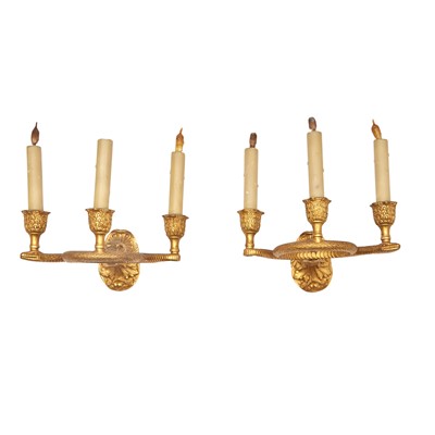 Lot 280 - Set of Four Louis XVI Style Gilt Bronze Three-Light Wall Lights