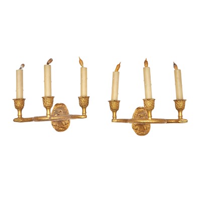 Lot 280 - Set of Four Louis XVI Style Gilt Bronze Three-Light Wall Lights