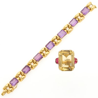 Lot 1087 - Gold and Amethyst Bracelet and Citrine and Synthetic Ruby Ring
