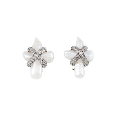 Lot 2179 - Attributed to Christopher Walling Pair of White Gold, Baroque Freshwater Pearl and Diamond Earrings