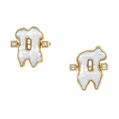 Lot 2009 - Christopher Walling Pair of Gold, Baroque Freshwater Pearl and Diamond Brooches