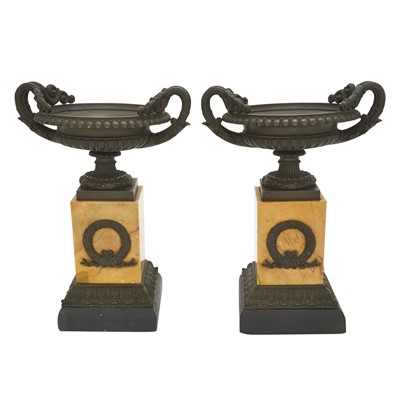 Lot 47 - Pair of Empire Style Patinated Bronze and Marble Two-Handled Garniture Urns on Pedestals