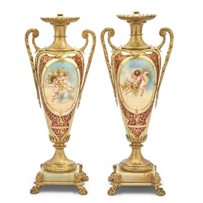 Lot 49 - Pair of Louis XVI Style Gilt-Metal, Hand-Painted Porcelain and White Onyx Two-Handled Garniture Urns