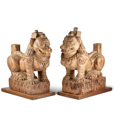 Lot 791 - A Pair of Indian Carved Wood Lions