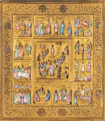 Lot 311 - Russian Brass Mounted Enameled Icon of the Resurrection and Descent into Hell with Festivals