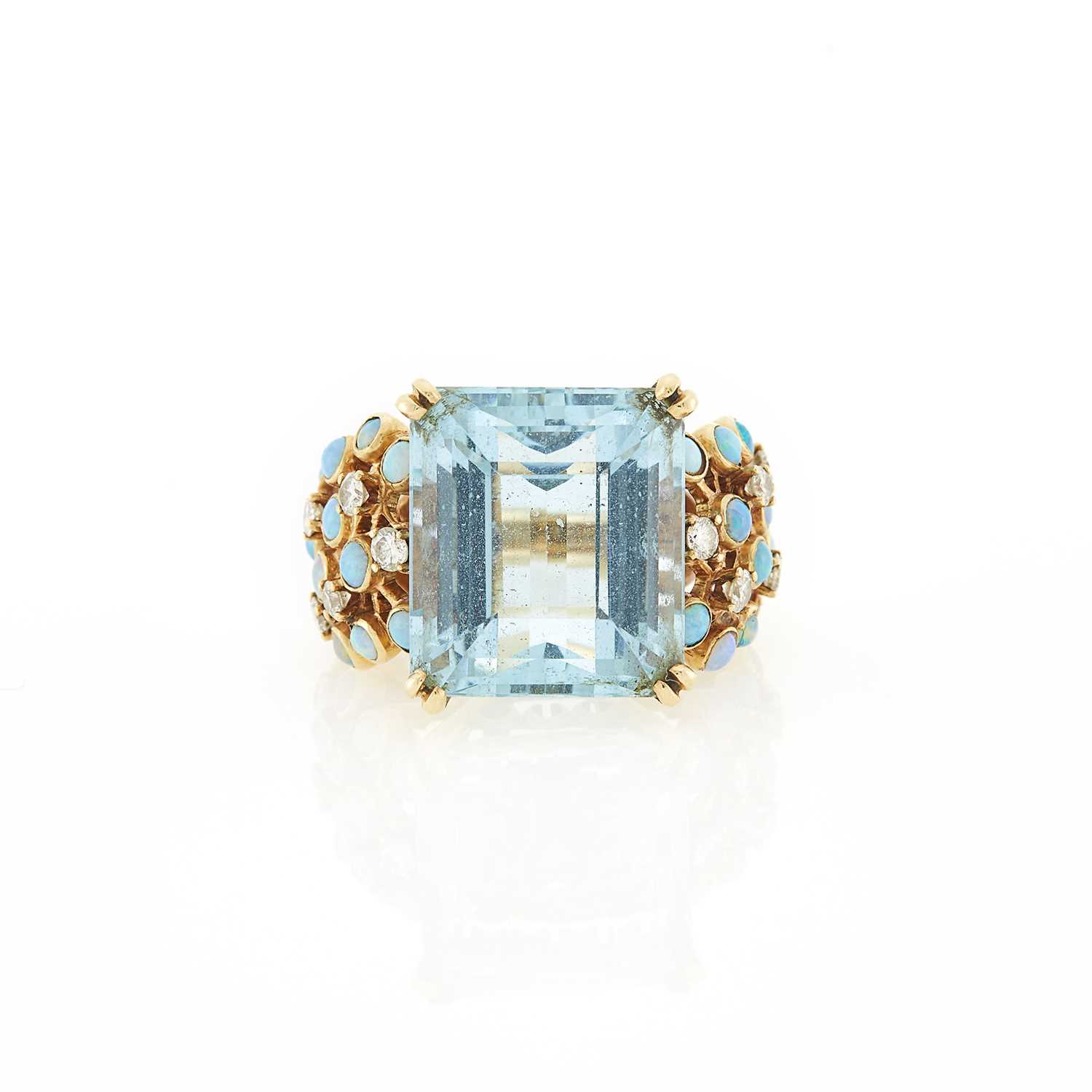 Lot 1061 - Gold, Aquamarine, Opal and Diamond Ring