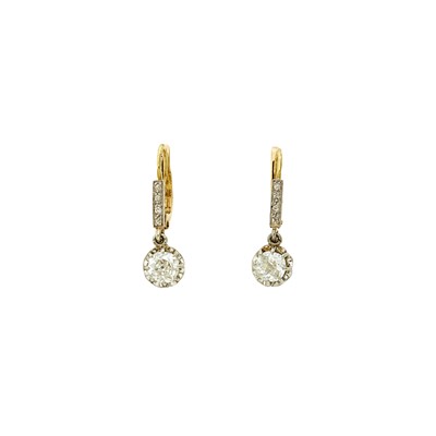 Lot 1131 - Pair of Gold, Platinum and Diamond Pendant-Earrings, France