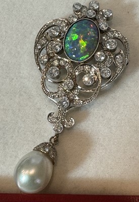 Lot 1167 - Platinum, White Gold, Opal, Diamond and Cultured Pearl Pendant-Brooch
