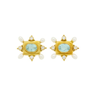 Lot 19 - Elizabeth Gage Pair of Gold, Tourmaline, Diamond and Freshwater Pearl Earrings