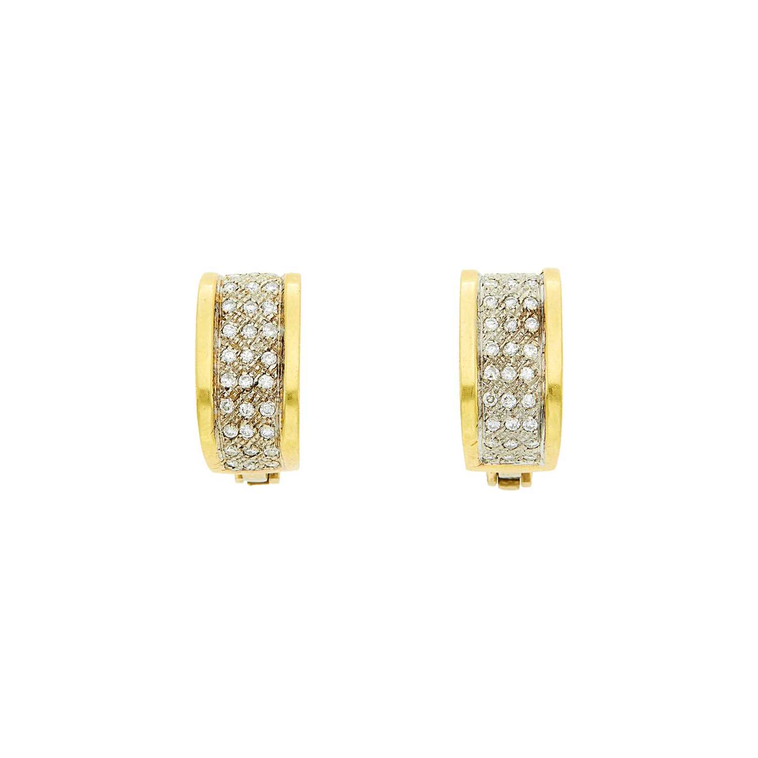 Lot 1015 - Pair of Two-Color Gold and Diamond Half-Hoop Earrings