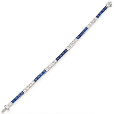 Lot 1173 - White Gold, Synthetic Sapphire and Diamond Bracelet