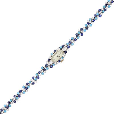 Lot 80 - Tiffany & Co. White Gold, Turquoise, Diamond and Sapphire Wristwatch, France