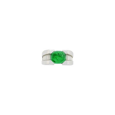 Lot 75 - Platinum, Cabochon Emerald and Diamond Ring
