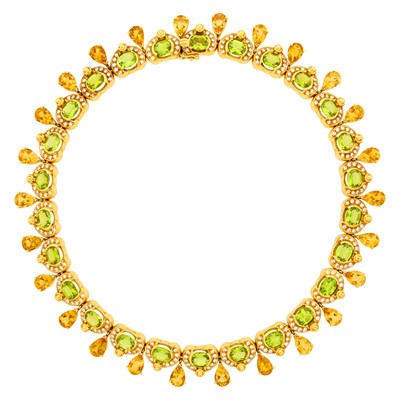 Lot 134 - Gold, Peridot, Citrine and Diamond Fringe Necklace