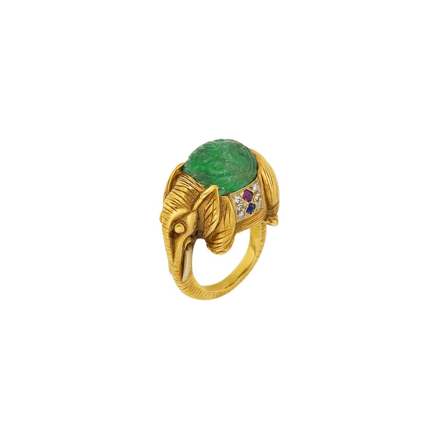 Lot 200 - Cartier Gold, Carved Emerald, Ruby, Sapphire and Diamond Elephant Ring