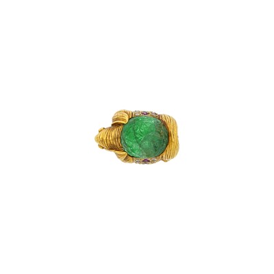 Lot 200 - Cartier Gold, Carved Emerald, Ruby, Sapphire and Diamond Elephant Ring