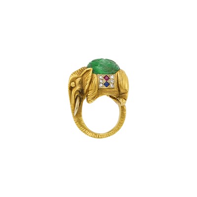 Lot 200 - Cartier Gold, Carved Emerald, Ruby, Sapphire and Diamond Elephant Ring