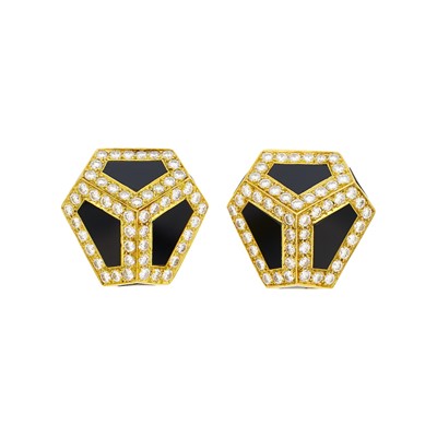 Lot 123 - Pair of Gold, Black Onyx and Diamond Earclips