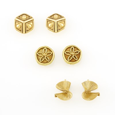Lot 1233 - Tiffany & Co., Schlumberger Pair of Hammered Gold Sand Dollar Earclips and Two Pairs of Earclips