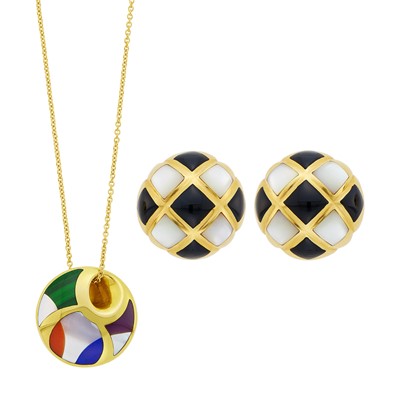 Lot 31 - Pair of Gold, Mother-of-Pearl and Black Onyx Earclips and Asch Grossbardt Pendant with Chain Necklace