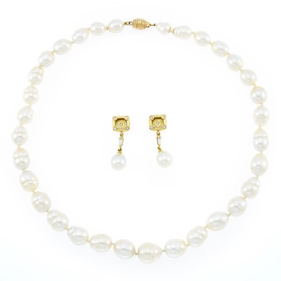Lot 2169 - Gold and Baroque Cultured Pearl Necklace and Ruth Taubman Gold, Diamond and Cultured Pearl Pendant Earring Jackets