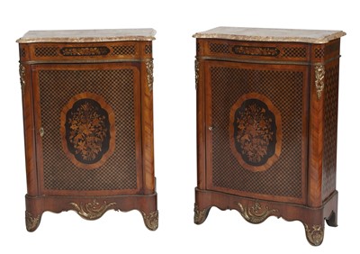 Lot 155 - Pair of French Inlaid Marquetry and Parquetry Cabinets with Marble Tops