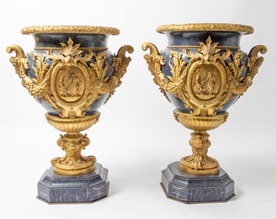 Lot 169 - Pair of Large Lapis Veneered and Gilt Bronze Urns