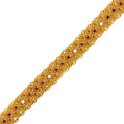 Lot 96 - Georges L'Enfant Gold, Ruby and Diamond Bracelet, France