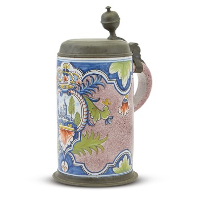 Lot 207 - Continental Pewter-Mounted Glazed and Painted Earthenware Beer Stein