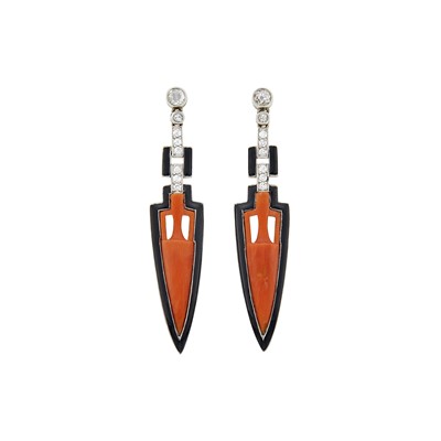 Lot 181 - Pair of Platinum, Carved Coral, Diamond and Black Enamel Urn Pendant-Earrings