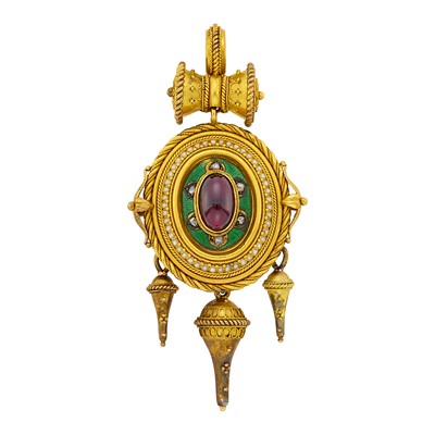 Lot 49 - Archaeological Revival Gold, Cabochon Garnet, Enamel and Diamond Pendant