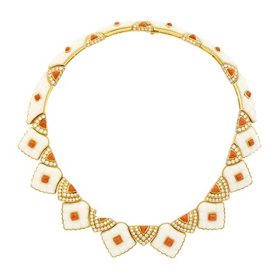 Lot 244 - Boucheron Paris Gold, Carved White Coral, Coral and Diamond Necklace