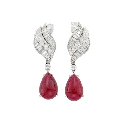 Lot 1207 - Hammerman Brothers Pair of Platinum, Diamond and Cabochon Ruby Pendant-Earclips