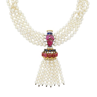 Lot 1077 - Four Strand Cultured Pearl, Two-Color Gold, Ruby, Sapphire and Diamond Choker Tassel Necklace