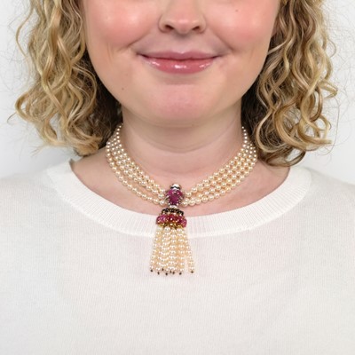 Lot 1077 - Four Strand Cultured Pearl, Two-Color Gold, Ruby, Sapphire and Diamond Choker Tassel Necklace