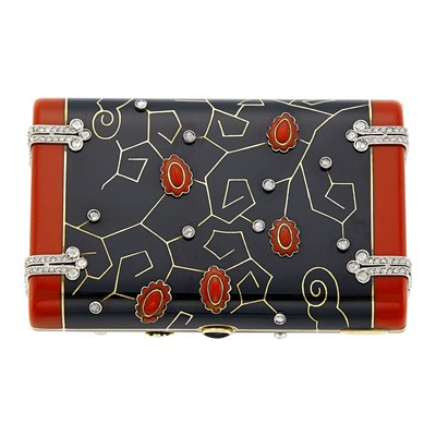 Lot 182 - Gold, Platinum, Black and Red Enamel and Diamond Cigarette Case