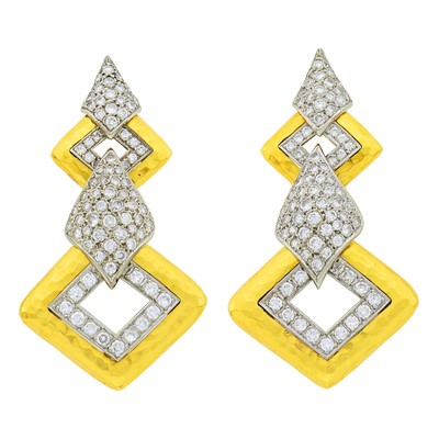 Lot 180 - Pair of Two-Color Gold and Diamond Pendant-Earrings