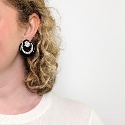Lot 1045 - Pair of Two-Color Gold, Black Enamel and Diamond Door Knocker Earrings