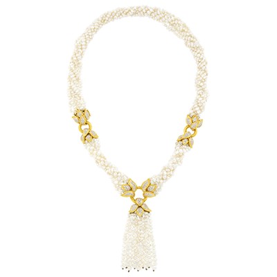 Lot 1113 - Twisted Seven Strand Baroque Freshwater Pearl, Two-Color Gold and Diamond Tassel Necklace