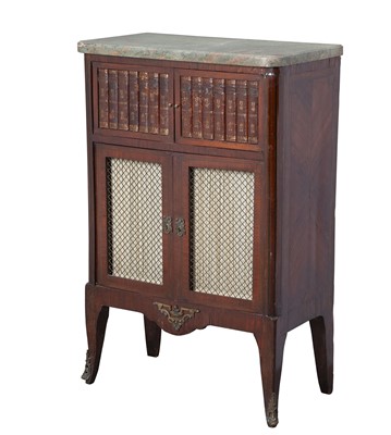 Lot 329 - Louis XV Style Marble Top Inlaid Kingwood Faux Book Side Cabinet