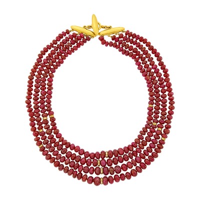 Lot 95 - Darlene de Sedle Four Strand Ruby Bead, High Karat Gold and Diamond Necklace